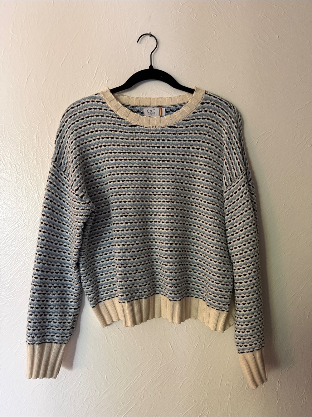 C&C California Blue & Cream Open-Stitch Crewneck Sweater
